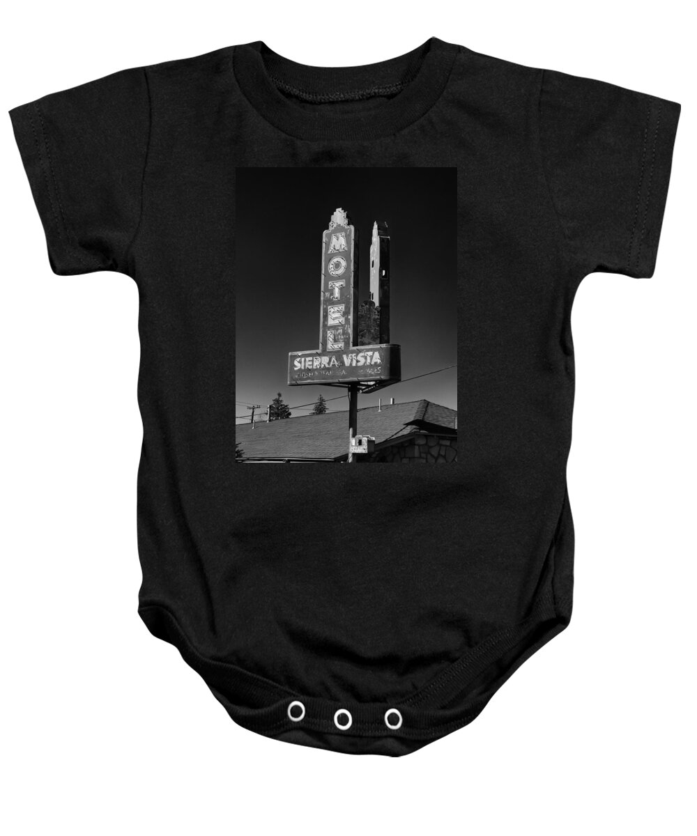 Motel Baby Onesie featuring the photograph Mother Road Motel Black and White by Joshua House