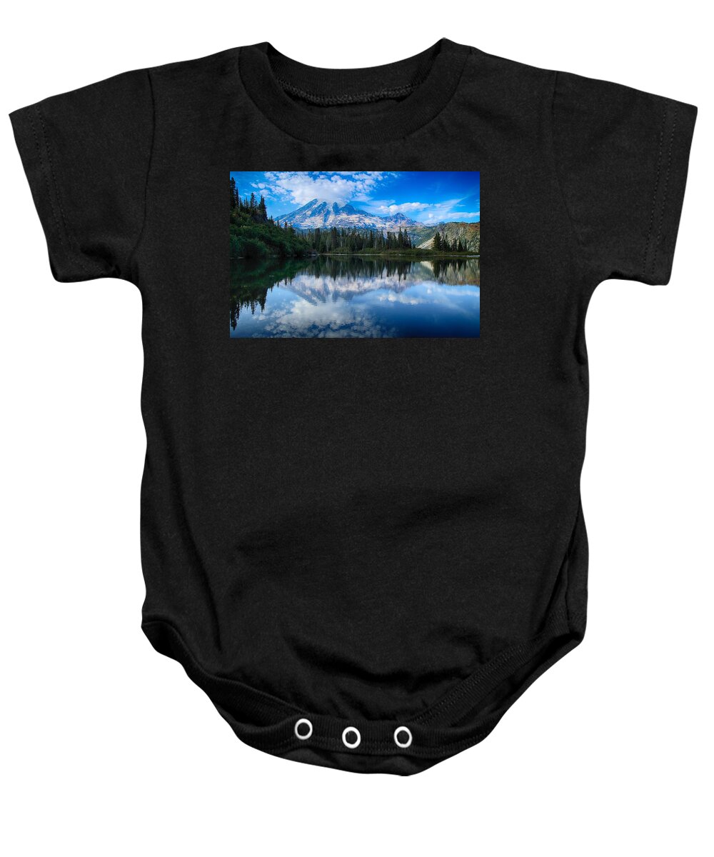 Bench Lake Baby Onesie featuring the photograph Mount Rainier Reflection at Bench Lake by Lynn Hopwood