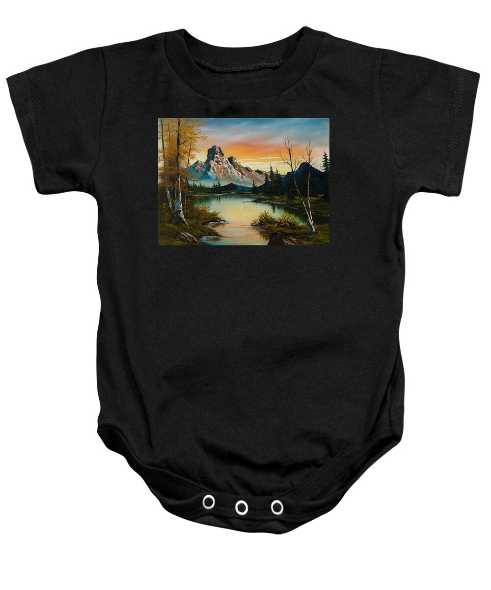 Landscape Baby Onesie featuring the painting Sunset Lake by Chris Steele