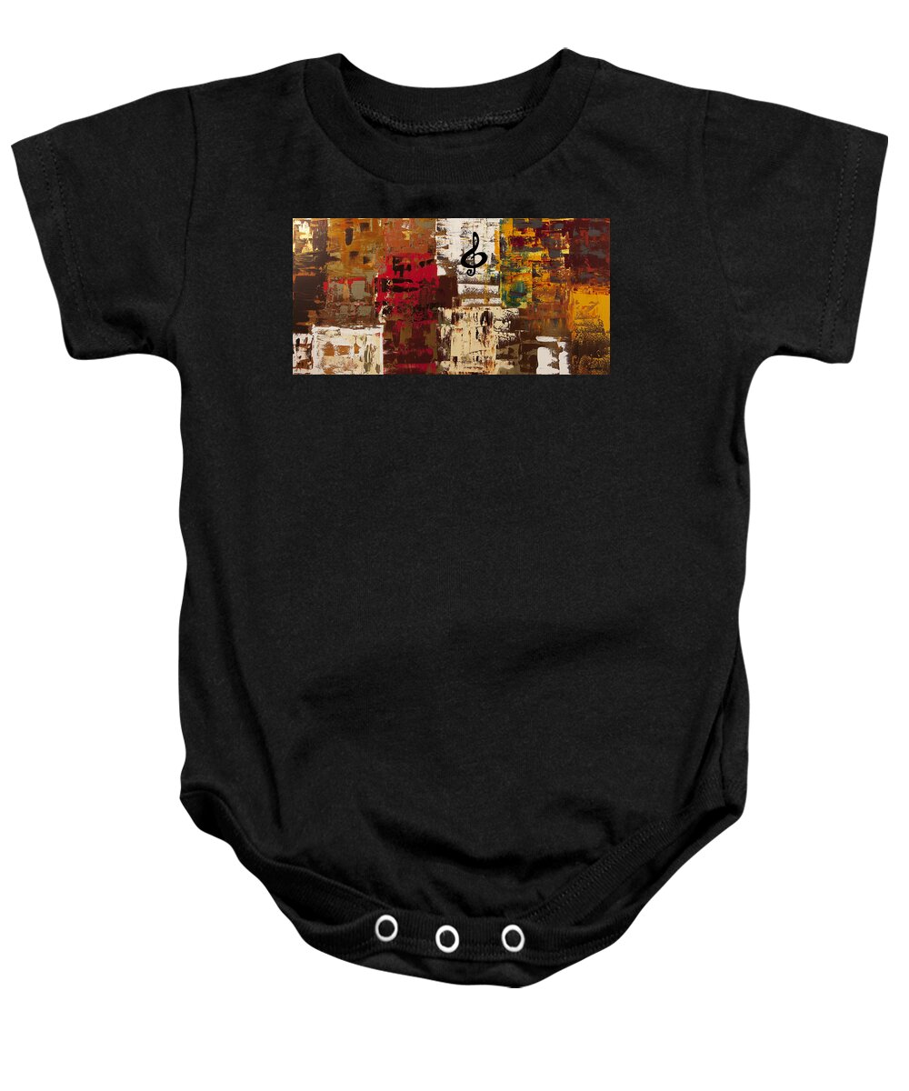 Music Abstract Art Baby Onesie featuring the painting Music World Tour by Carmen Guedez