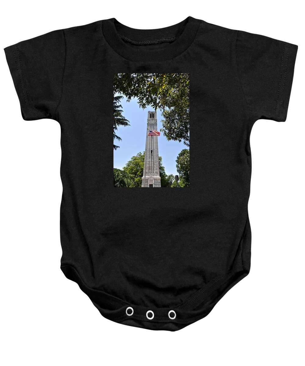 Nature Baby Onesie featuring the photograph NC State Memorial Bell Tower and US Flag by Paulette B Wright