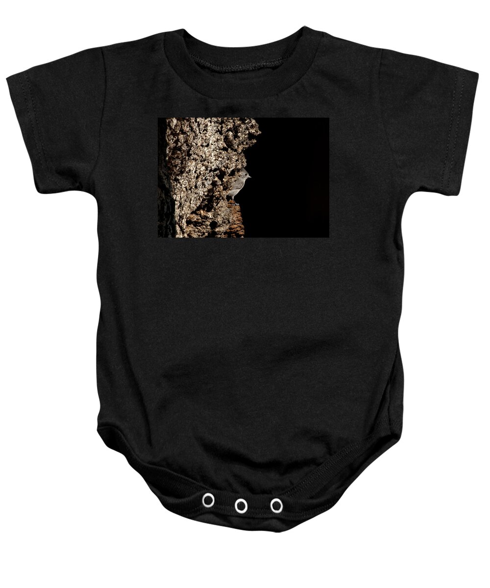 Plain Titmouse Baby Onesie featuring the photograph Nesting Titmouse by Betty Depee