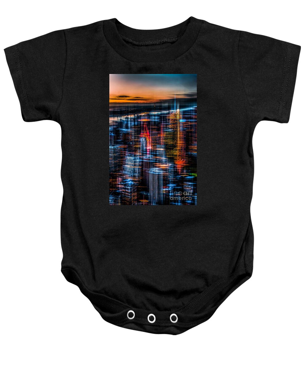 Nyc Baby Onesie featuring the photograph New York- the night awakes - orange by Hannes Cmarits