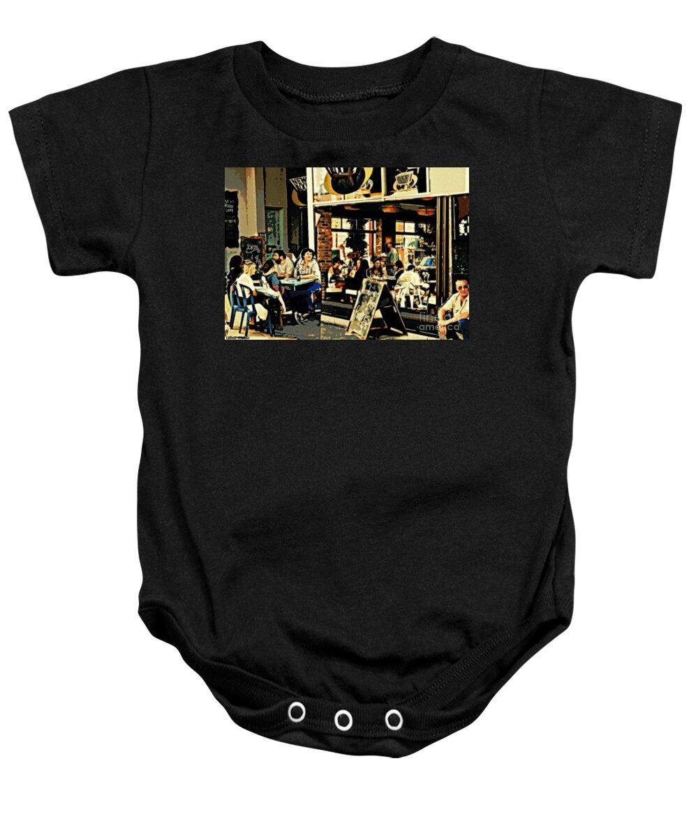 Summer Cafes Montreal Street Scenes Baby Onesie featuring the painting Newsroom Cafe Terrace Hamburger Et Patates Fast Food Bistro Summer Montreal Cafe Scene by Carole Spandau