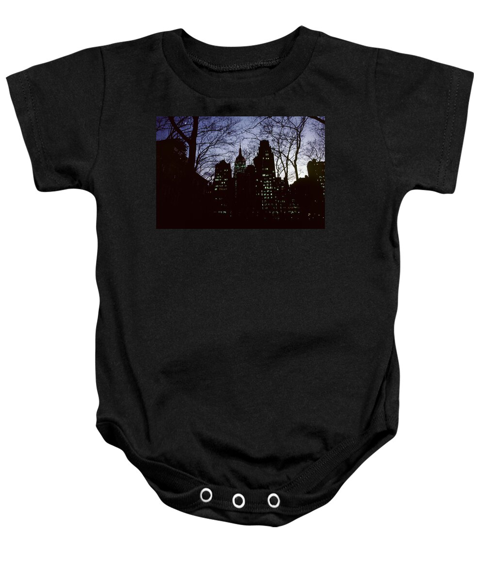 Cityscape Baby Onesie featuring the photograph Night Lights Empire State Two Trees by David Hohmann