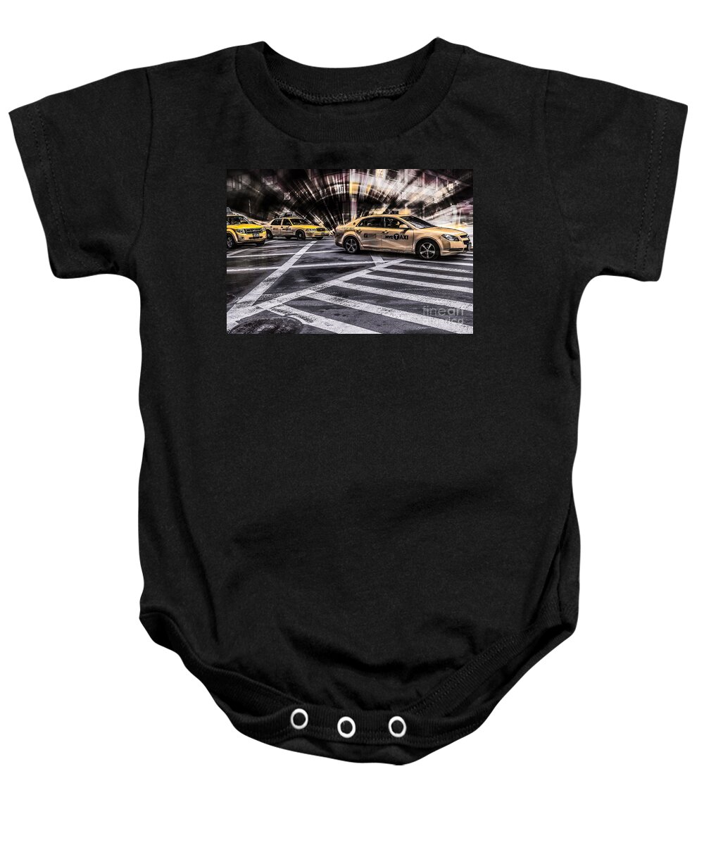 5th Baby Onesie featuring the photograph NYC Yellow Cab on 5th Street - white by Hannes Cmarits