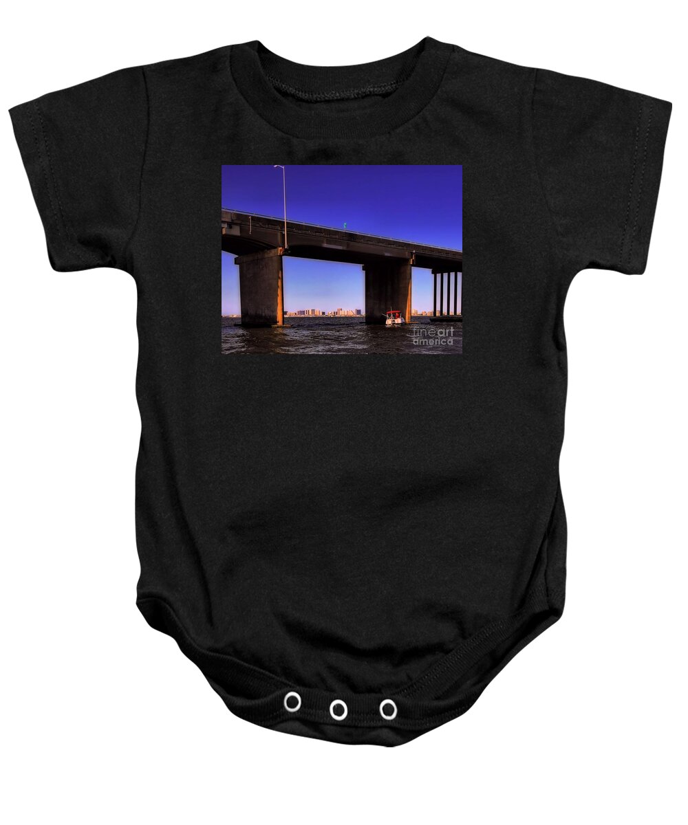 Skyline Baby Onesie featuring the photograph O.C. Bridge n Skyline by Robert McCubbin