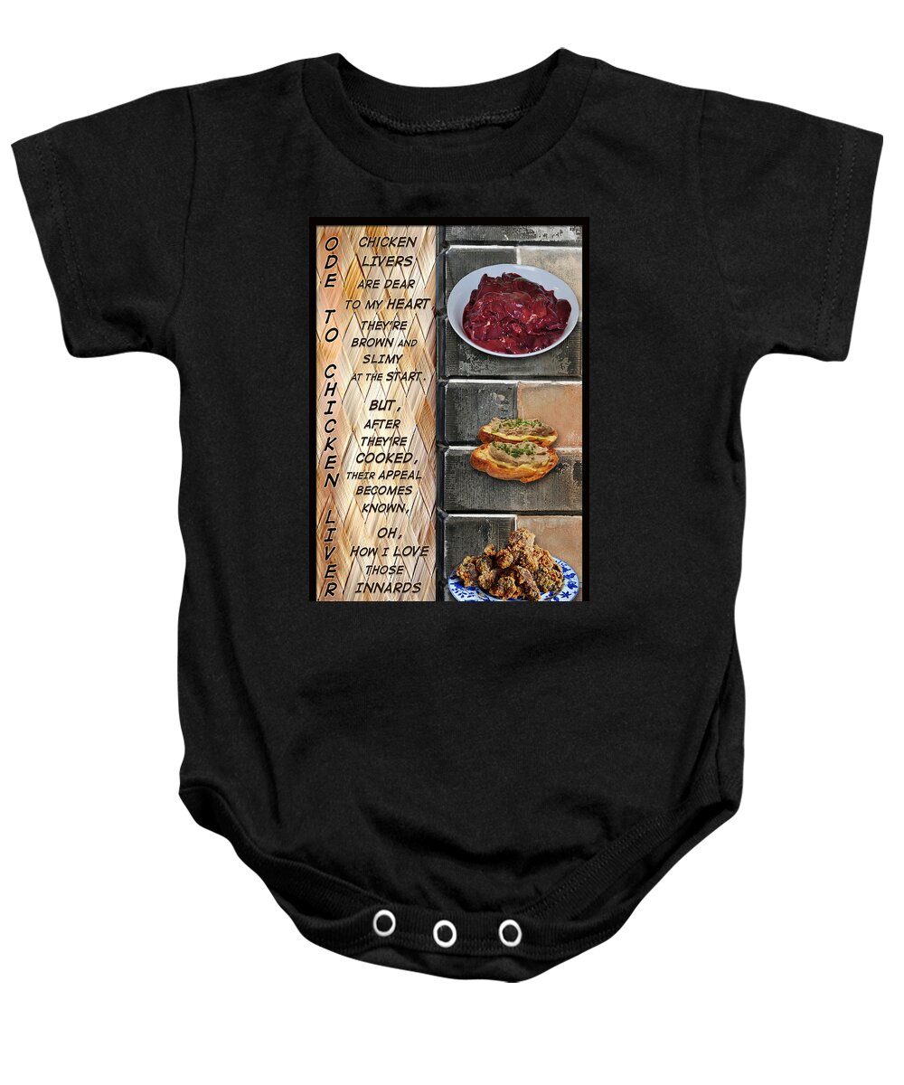 Food Liver Chicken Chicken Liver Brown Fried Restaurant Kitchen Cooking Chef Meat Produce Portrait Baby Onesie featuring the mixed media Ode to Chicken Livers by Paula Ayers