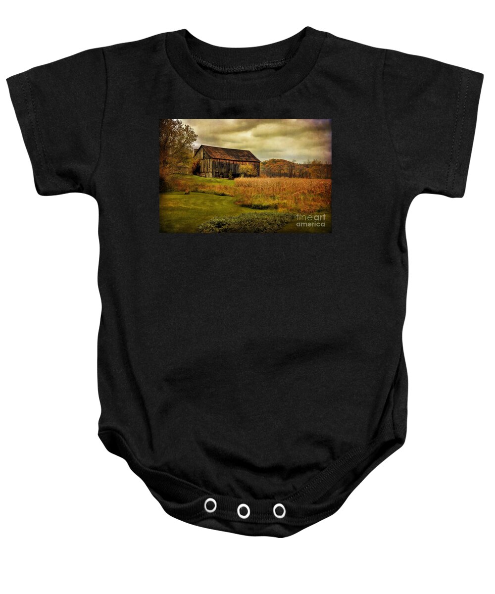 Barn Baby Onesie featuring the photograph Old Barn In October by Lois Bryan
