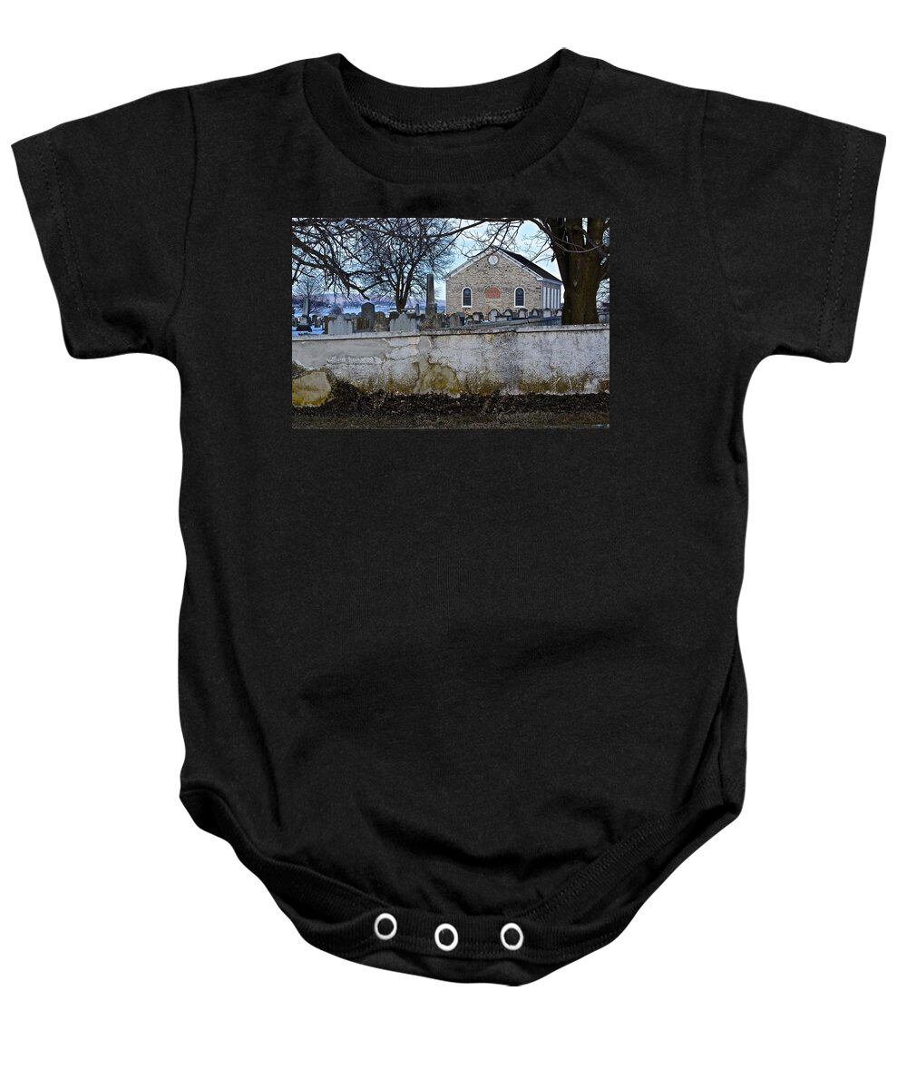 Amish Baby Onesie featuring the photograph Old Leacock Presbyterian Church and Cemetery by Tana Reiff
