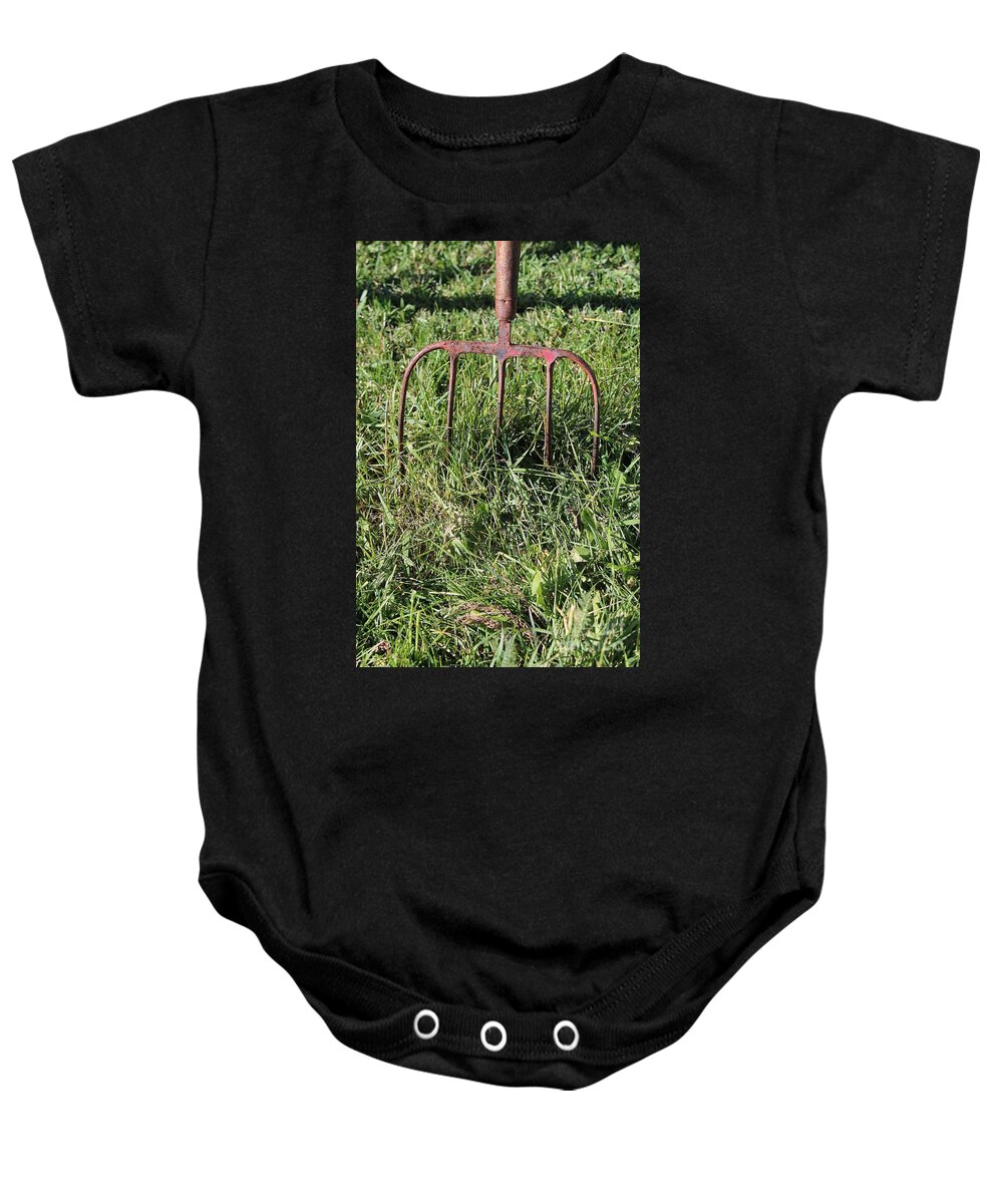 Pitch Fork Baby Onesie featuring the photograph Old Pitch Fork by Ann E Robson