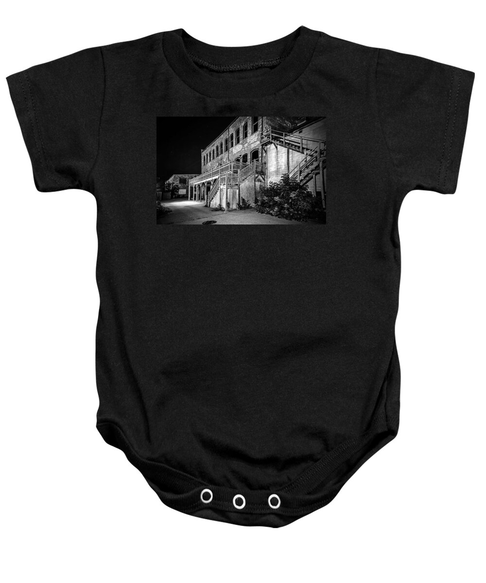 Manistee Michigan Baby Onesie featuring the photograph Old Town Manistee BW by Rick Bartrand