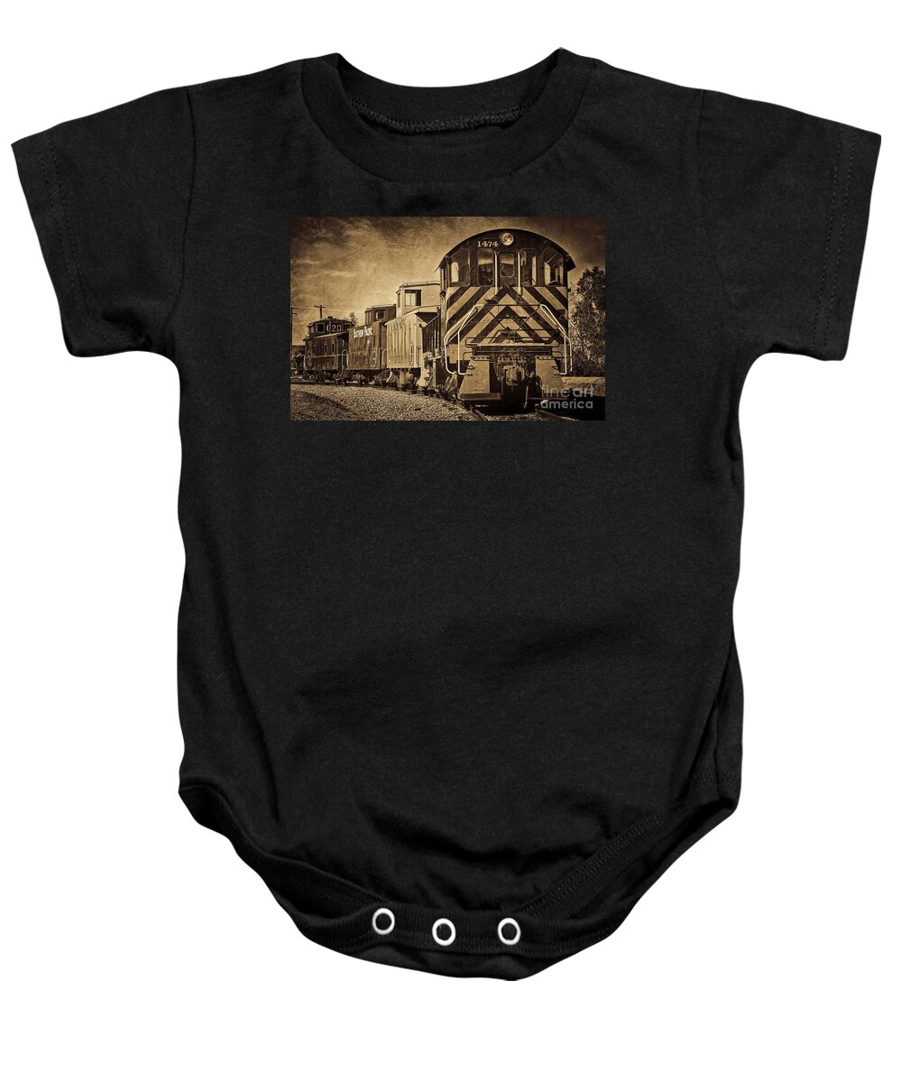 Train Baby Onesie featuring the photograph On The Tracks... Take Two. by Peggy Hughes
