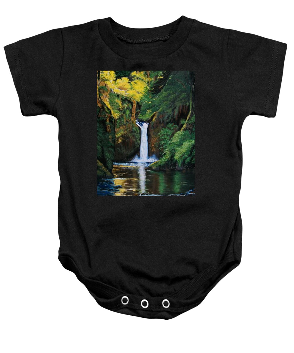 Waterfalls Baby Onesie featuring the painting Oregon's Punchbowl Waterfalls by Sharon Duguay