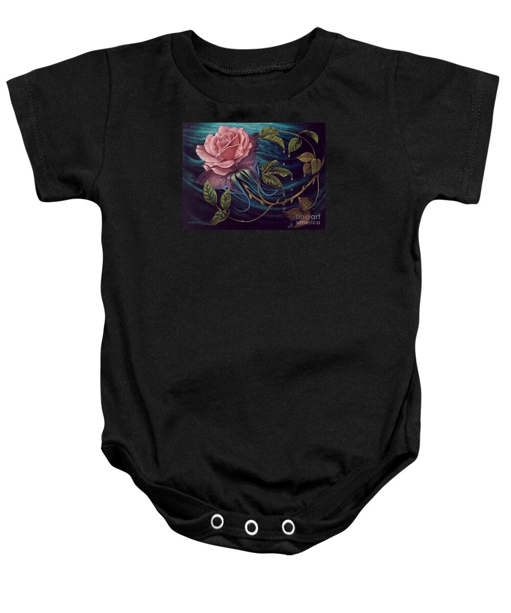 Rose Baby Onesie featuring the painting Papalotl Rosalis by Ricardo Chavez-Mendez