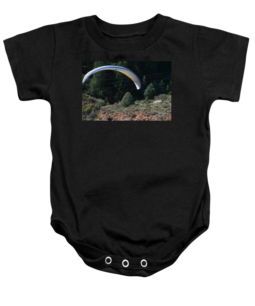 Outdoors Baby Onesie featuring the photograph Paragliding Hazards by Susan Herber