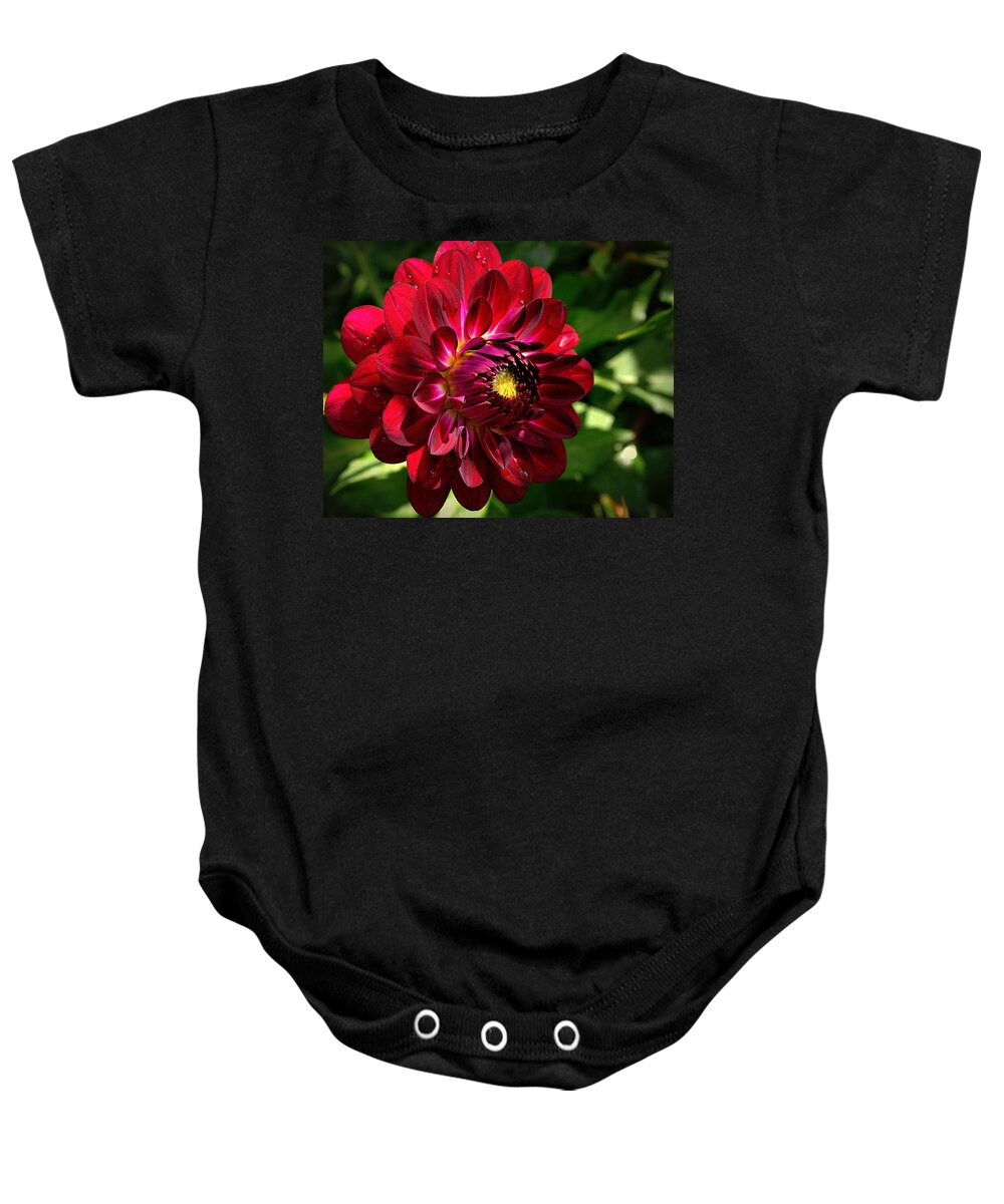 Red Baby Onesie featuring the photograph Passionate Dahlia by Tikvah's Hope