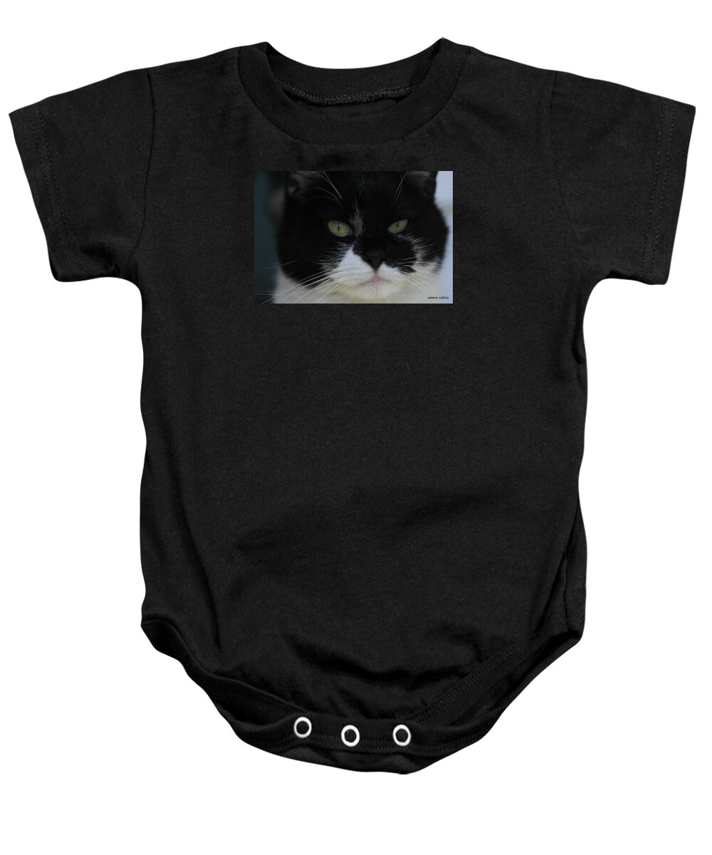 Tuxedo Baby Onesie featuring the photograph Green Eyes of a Tuxedo Cat by Valerie Collins