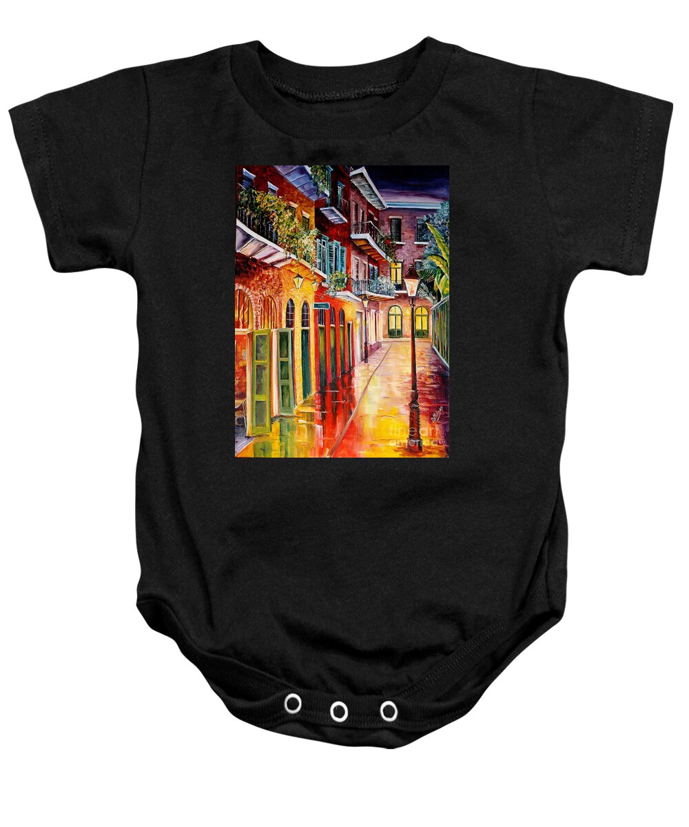New Orleans Baby Onesie featuring the painting Pirates Alley by Night by Diane Millsap
