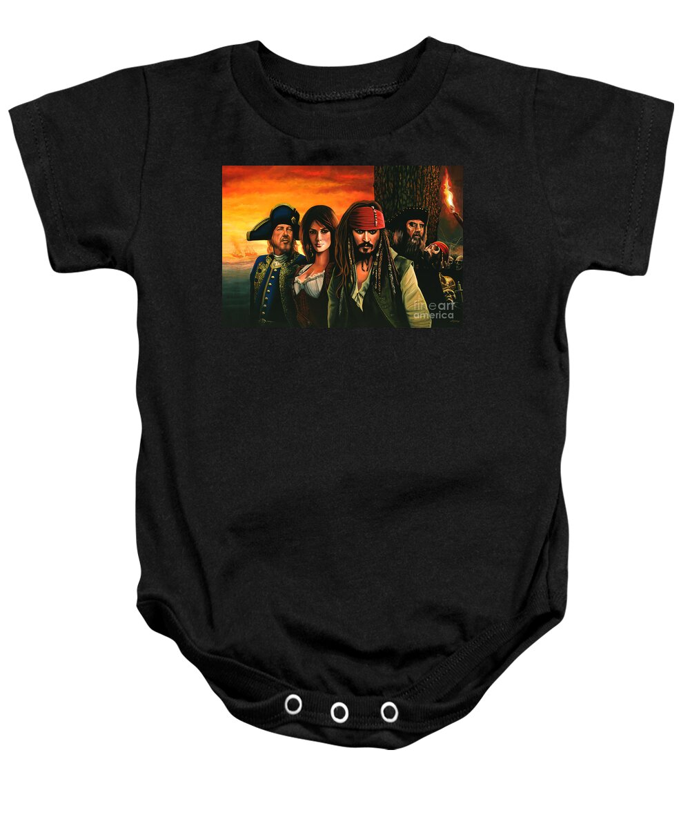 Pirates Of The Caribbean Baby Onesie featuring the painting Pirates of the Caribbean by Paul Meijering
