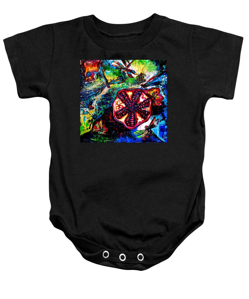 Pomegranate Baby Onesie featuring the painting Pomegranate and Six Dragonflies by Genevieve Esson