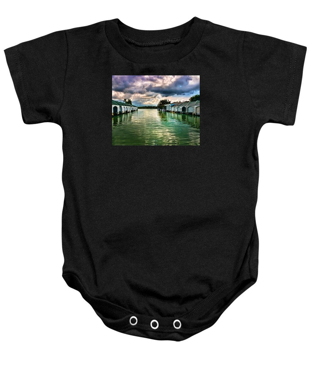 Port Royal Naples Florida Waterfront Baby Onesie featuring the photograph Storm Clouds Over Port Royal Boathouses in Naples by Ginger Wakem
