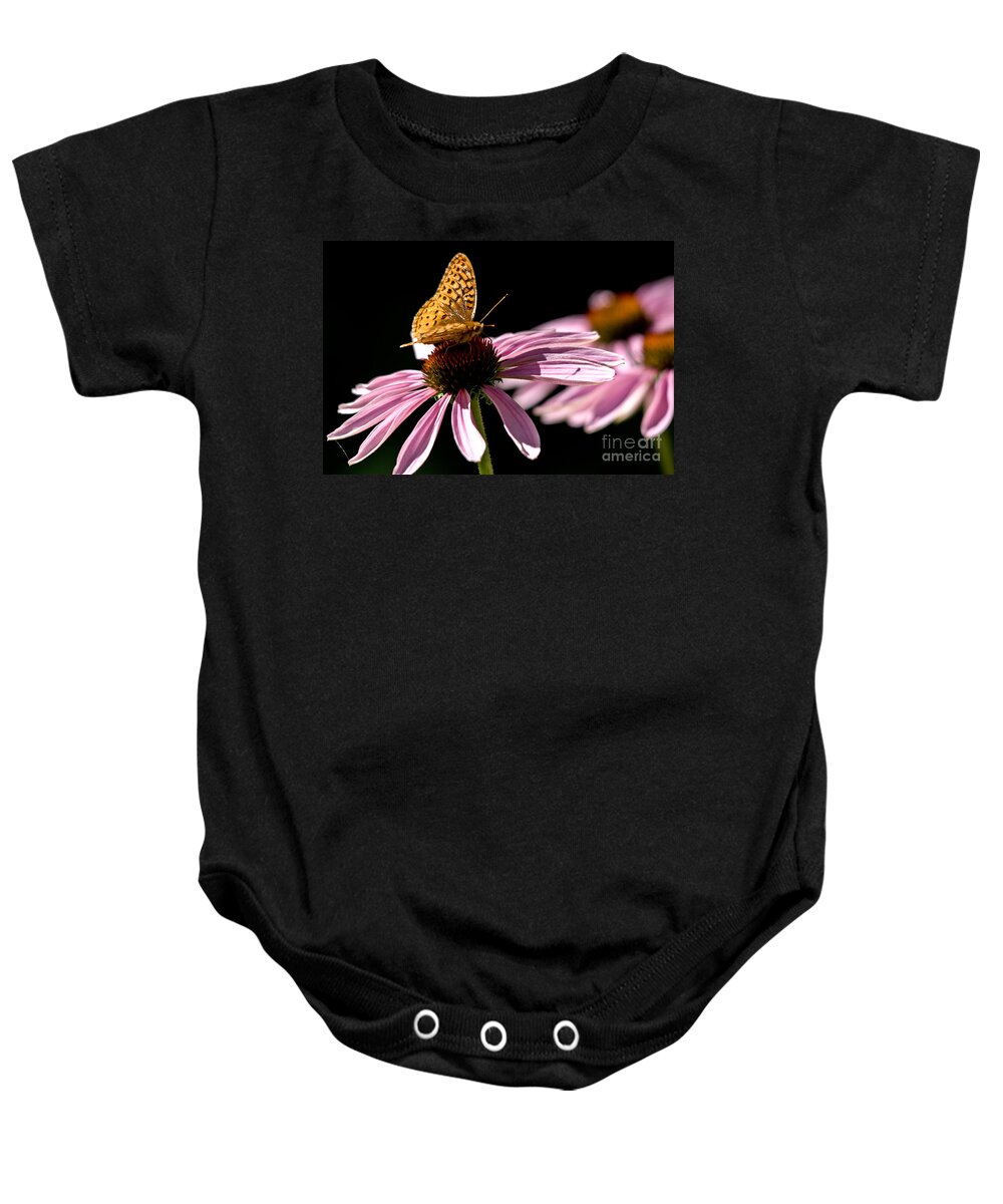 Butterfly Baby Onesie featuring the photograph Purple Cone flowers and Friend by Cheryl Baxter