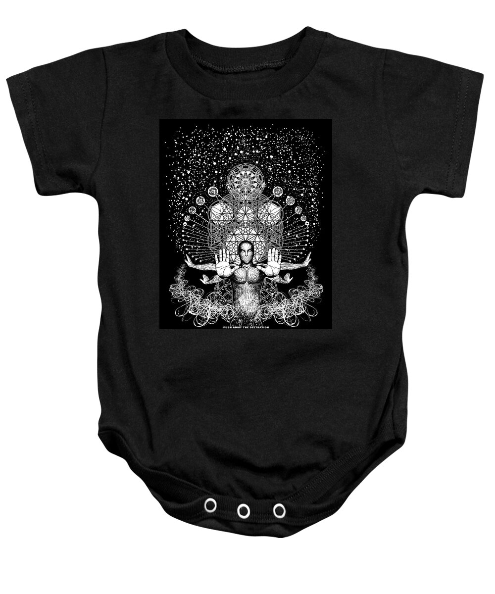 Tony Koehl Baby Onesie featuring the mixed media Push Away the Distractions by Tony Koehl