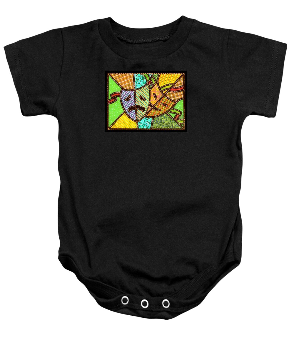 Theatre Baby Onesie featuring the painting Quilted Theatre Masks by Jim Harris