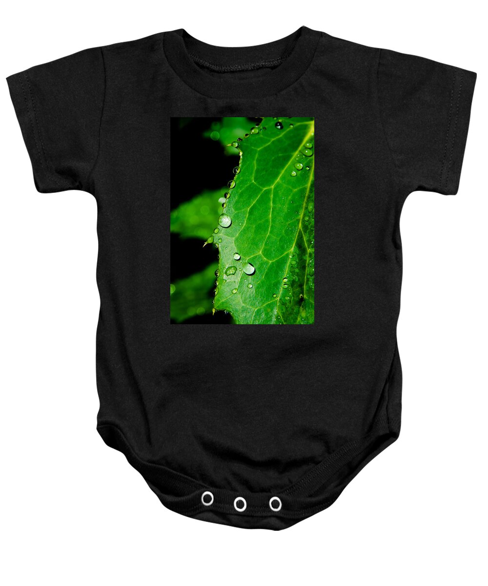 Raindrops Baby Onesie featuring the photograph Raindrops On Green Leaf by Andreas Berthold