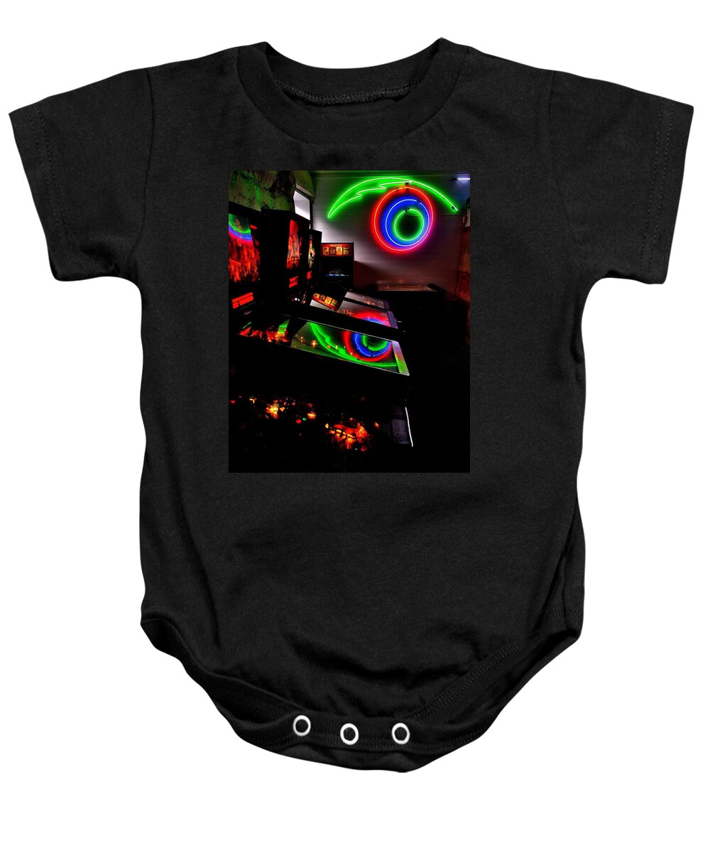 80s Baby Onesie featuring the photograph Replicant Arcade by Benjamin Yeager