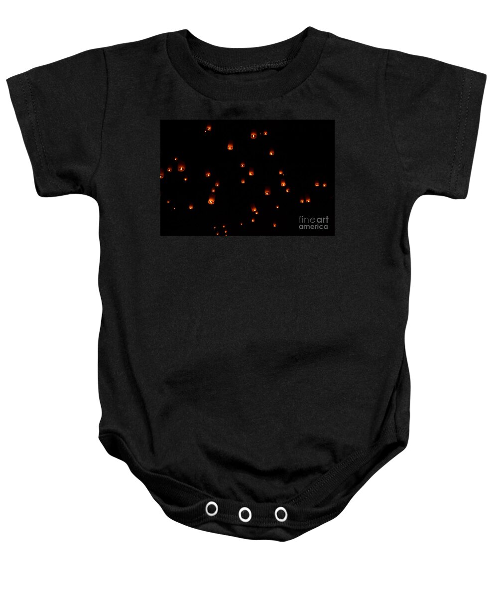 Rise Baby Onesie featuring the photograph RISE Festival Lanterns 2014 horizontal Sky Only Number One by Heather Kirk