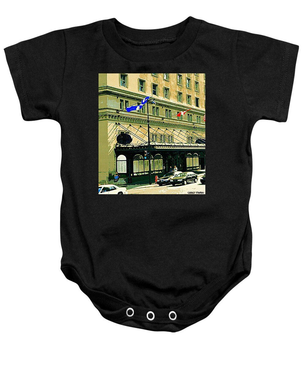 Montreal Baby Onesie featuring the painting Ritz Carlton Hotel In Spring Corner Sherbrooke Street Downtown Montreal City Scene Artwork By Carole by Carole Spandau