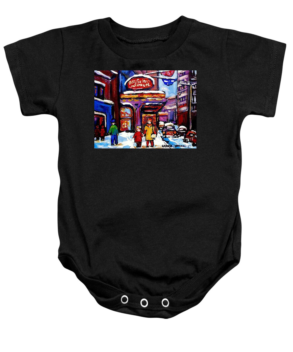 Montreal Baby Onesie featuring the painting Ritz Carlton Montreal Art Winter Scene Paintings By City Scene Specialist Artist Carole Spandau by Carole Spandau