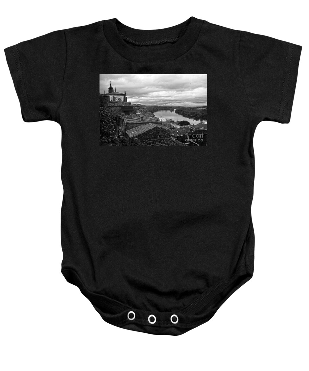 Mino Baby Onesie featuring the photograph River Mino And Portugal From Tui BW by RicardMN Photography