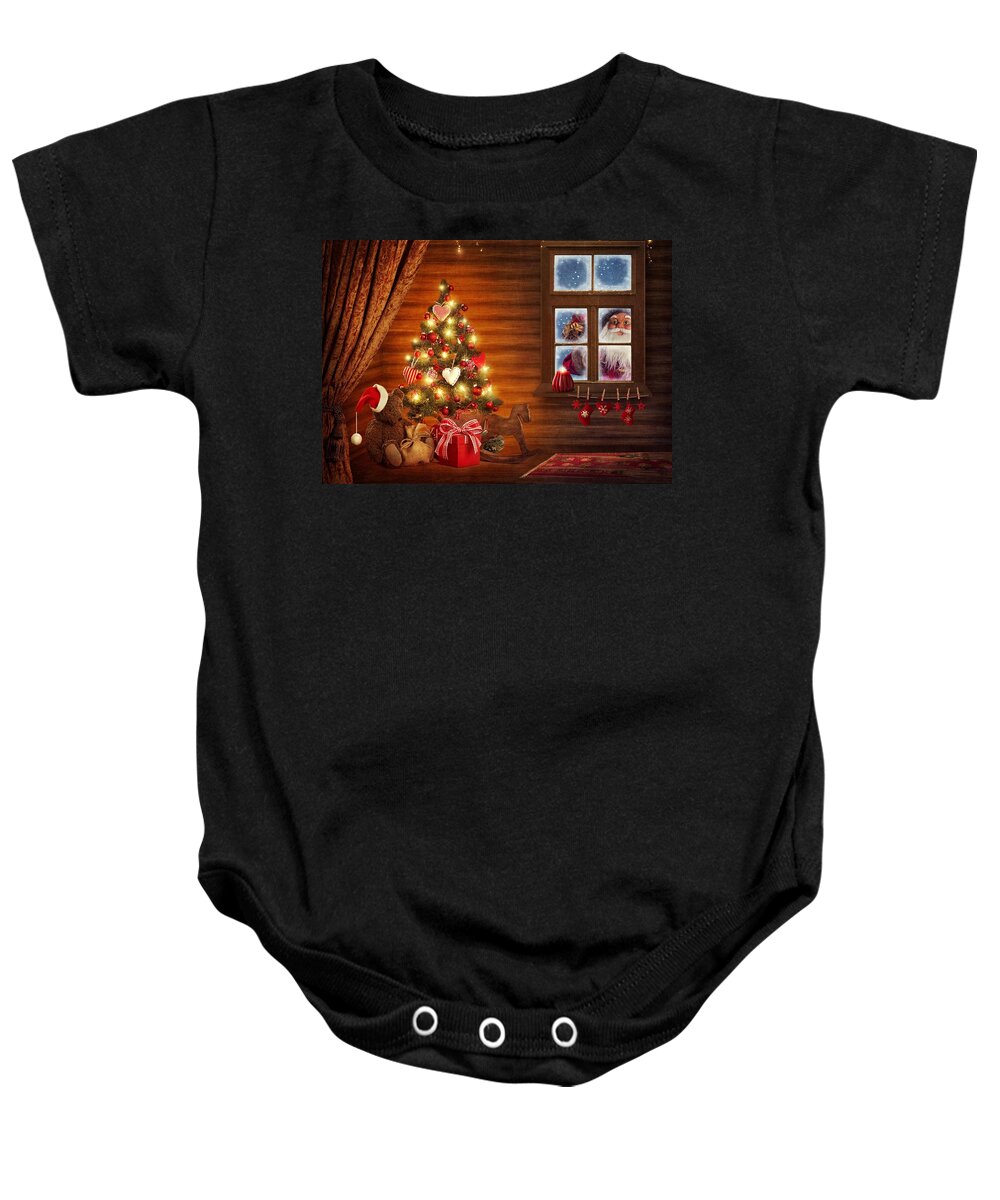 Christmas Baby Onesie featuring the photograph Santa Claus Looking Through Window by Doc Braham