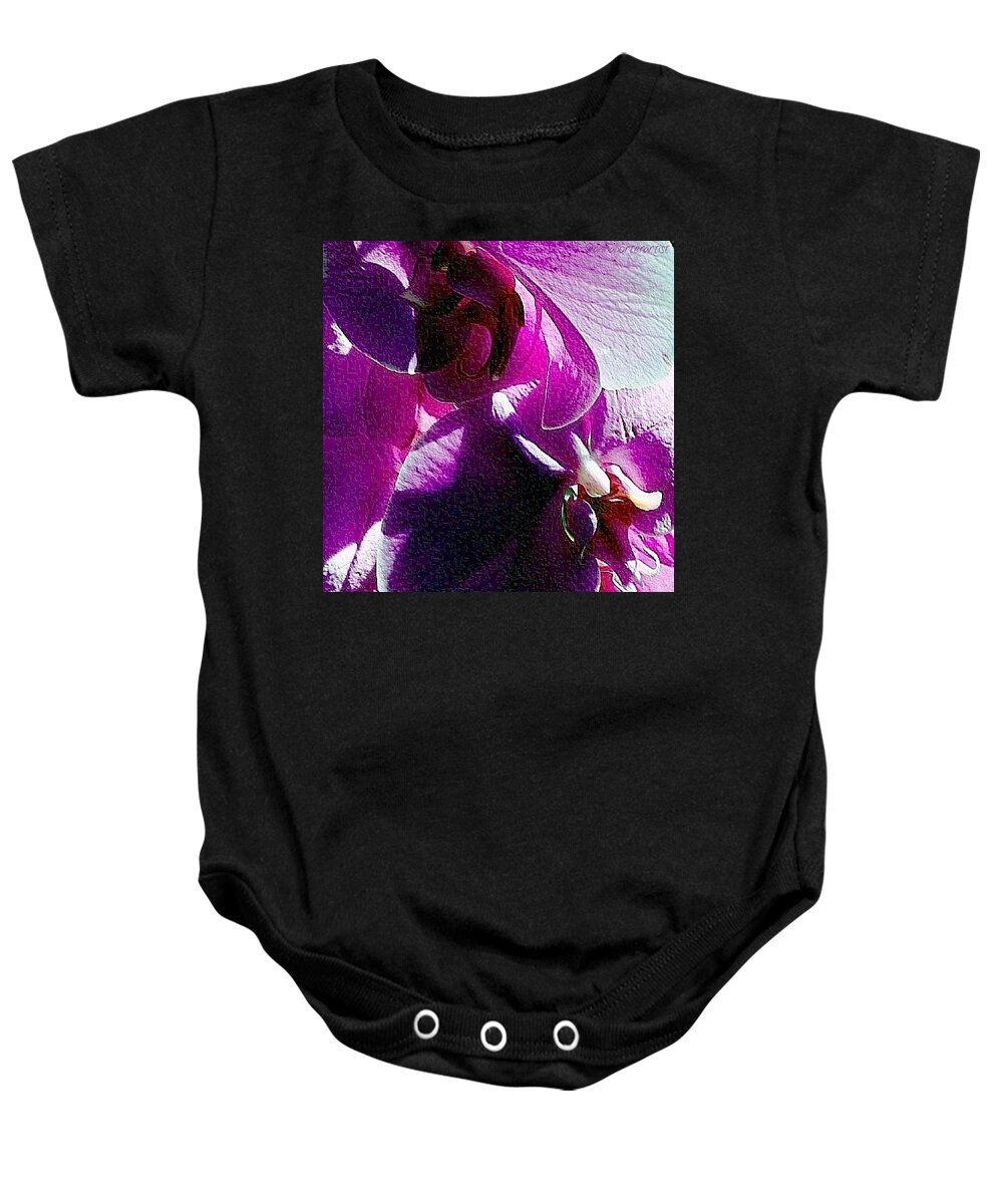 Annasgardens Baby Onesie featuring the photograph Shadows, Purple Orchid Embossed In by Anna Porter