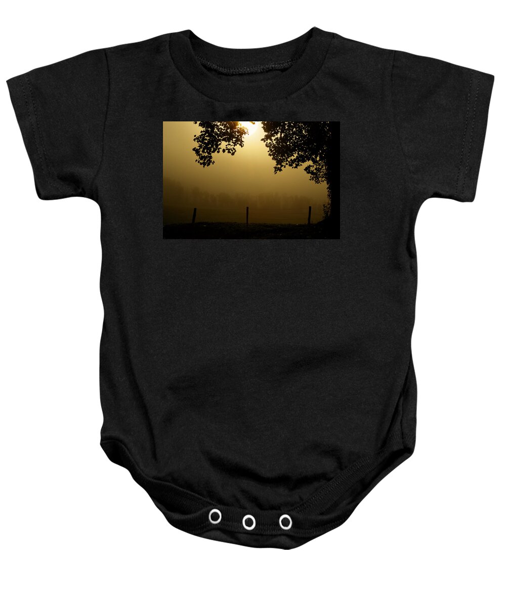 Cades Cove Baby Onesie featuring the photograph Shining Through The Fog by Michael Eingle