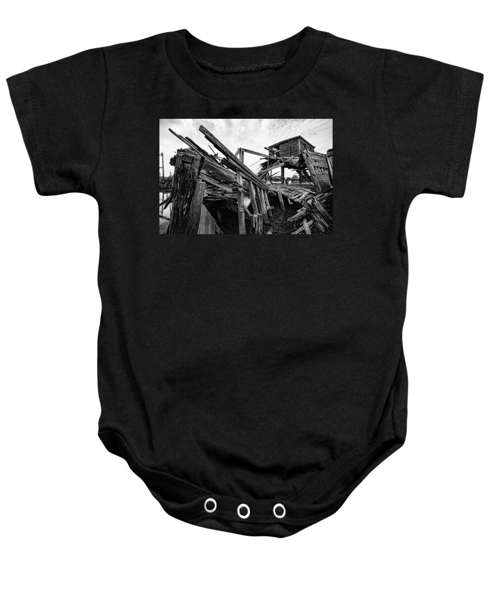 Nautical Baby Onesie featuring the photograph Shiver my Timbers - Ship Graveyard - Black and White by Gary Heller