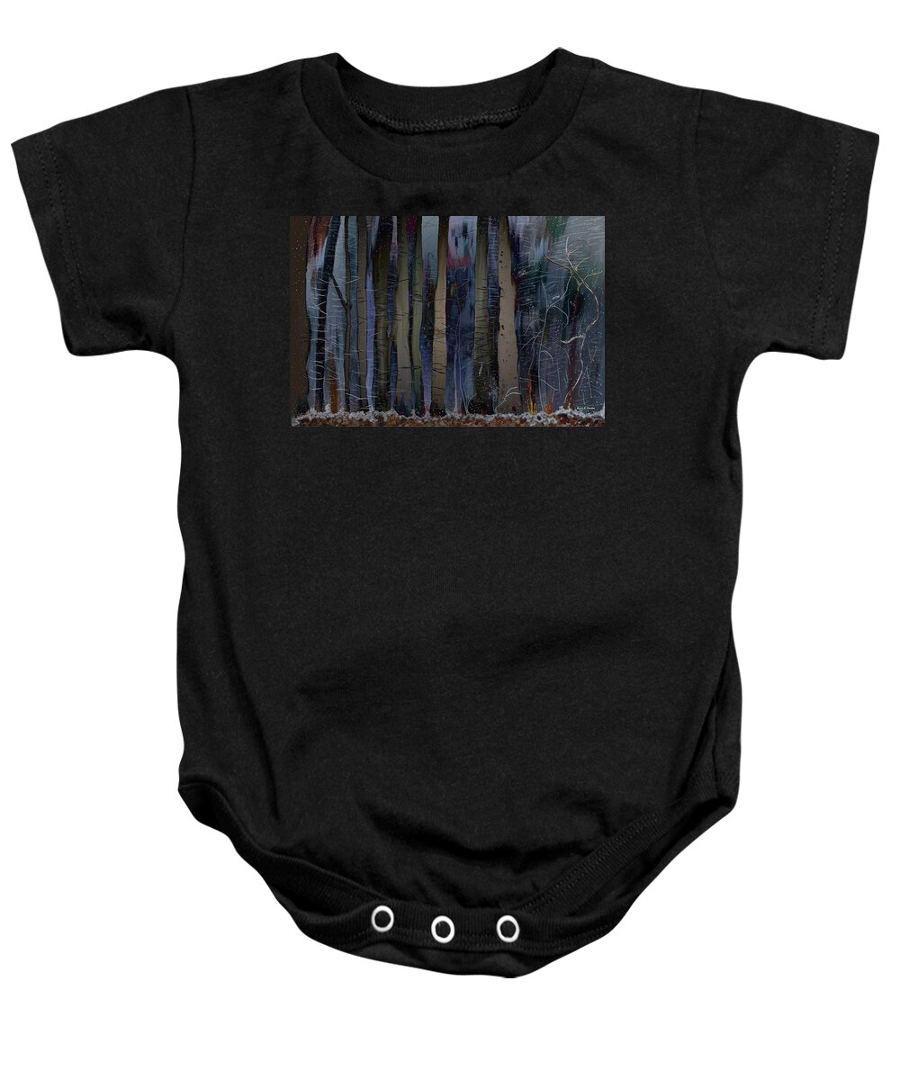 Forest Baby Onesie featuring the painting Snowing in the Ice Forest at Night by Angela Stanton