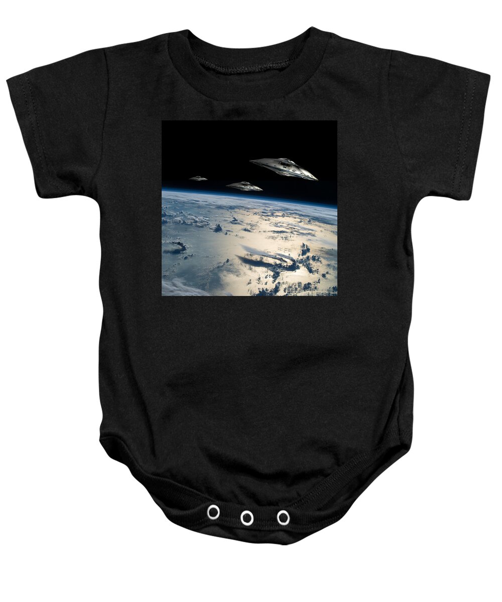 Area 51 Baby Onesie featuring the photograph Spaceships In Orbit Over Earth by Marc Ward