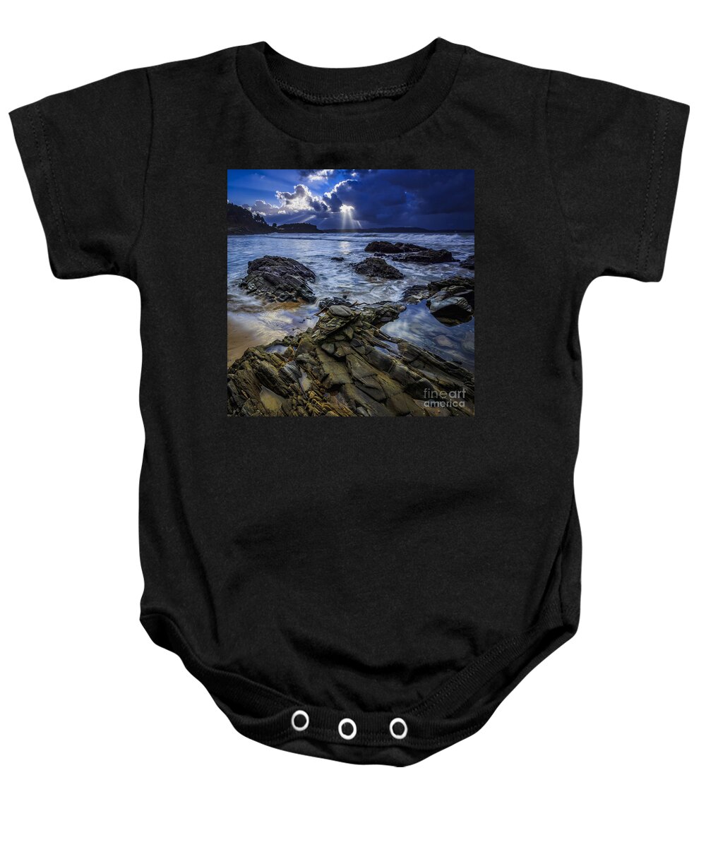 Ares Baby Onesie featuring the photograph Squalls on Ber Beach Galicia Spain by Pablo Avanzini