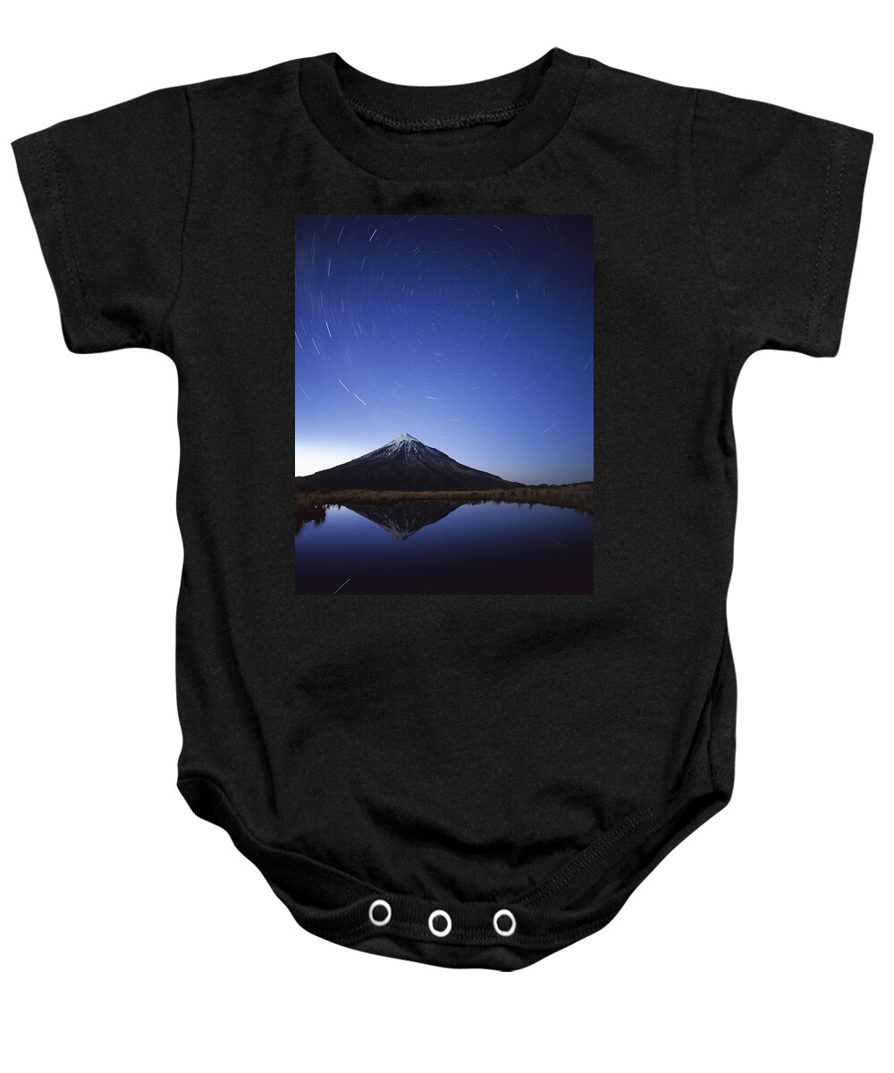 Feb0514 Baby Onesie featuring the photograph Star Trails Over Mt Taranaki New Zealand by Harley Betts