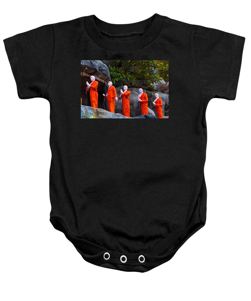 Sri Lanka Baby Onesie featuring the photograph Statues of the Buddhist Monks at Golden Temple by Jenny Rainbow