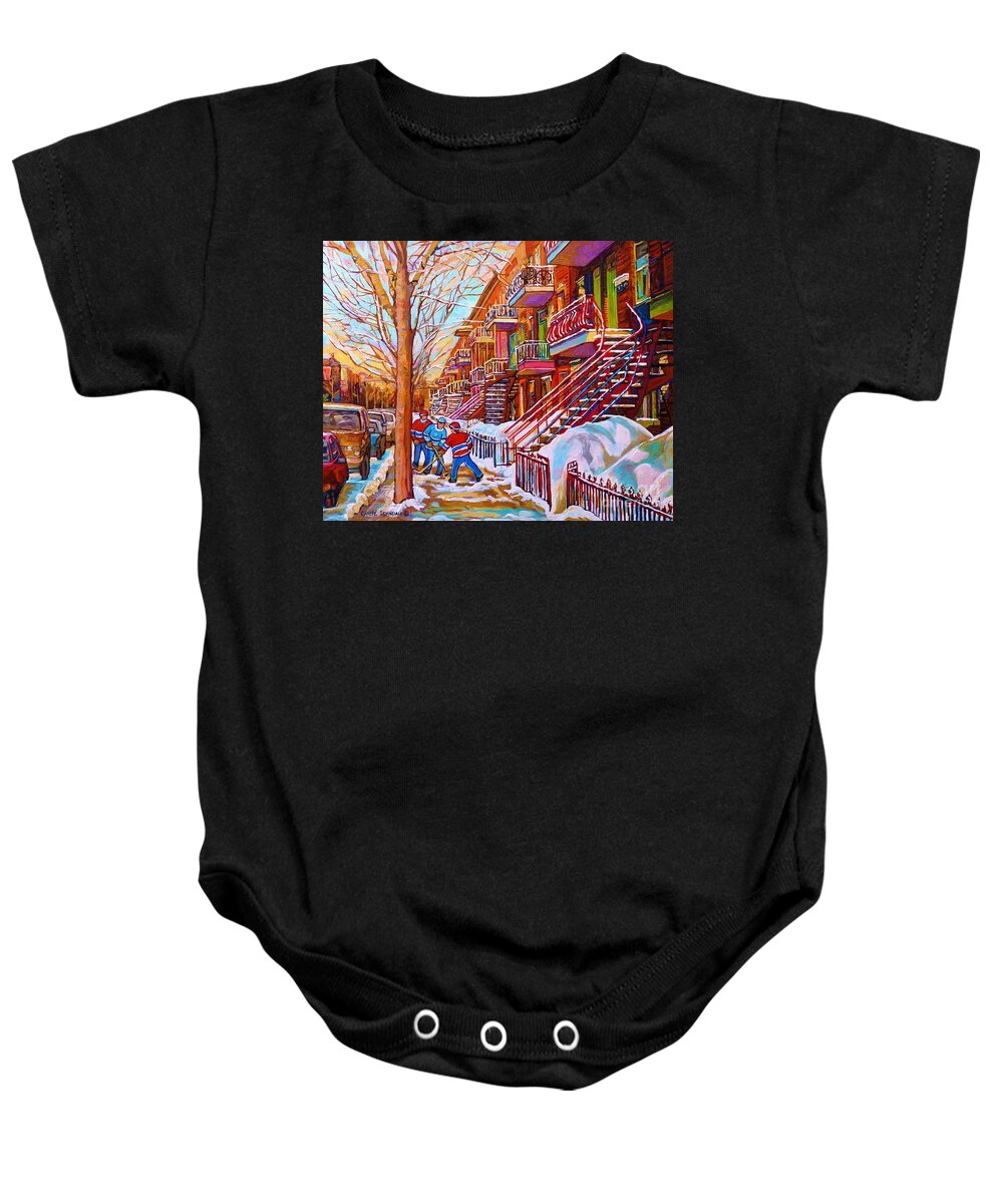 Montreal Baby Onesie featuring the painting Street Hockey Game In Montreal Winter Scene With Winding Staircases Painting By Carole Spandau by Carole Spandau