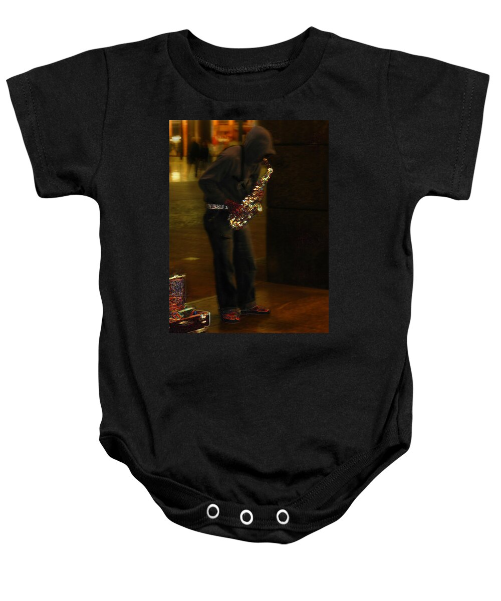 Street Musician Baby Onesie featuring the photograph Milan Saxophone Street Musician by Ginger Wakem