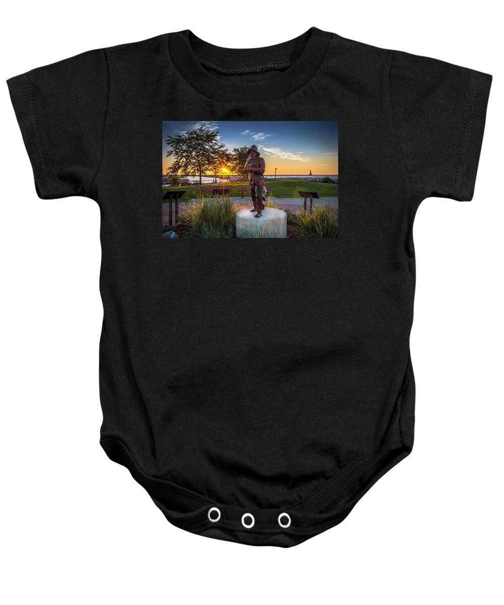 Sunrise Baby Onesie featuring the photograph Sunrise with the Fisherman by James Meyer