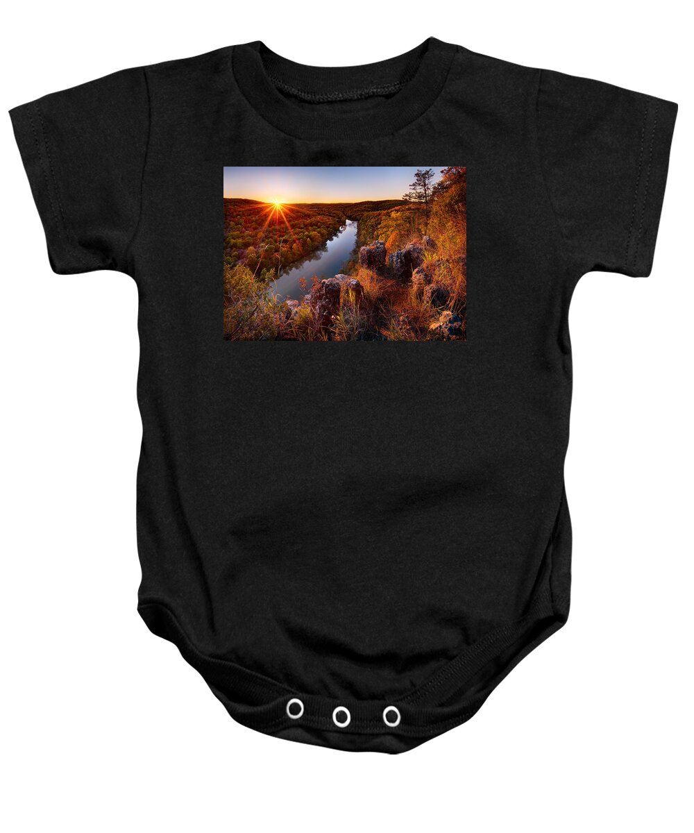 Ozark Baby Onesie featuring the photograph Sunset At Paint-Rock Bluff by Robert Charity