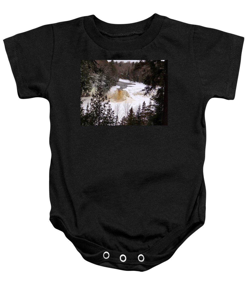 Waterfall Baby Onesie featuring the photograph Tahquamenon Falls in Winter by Keith Stokes