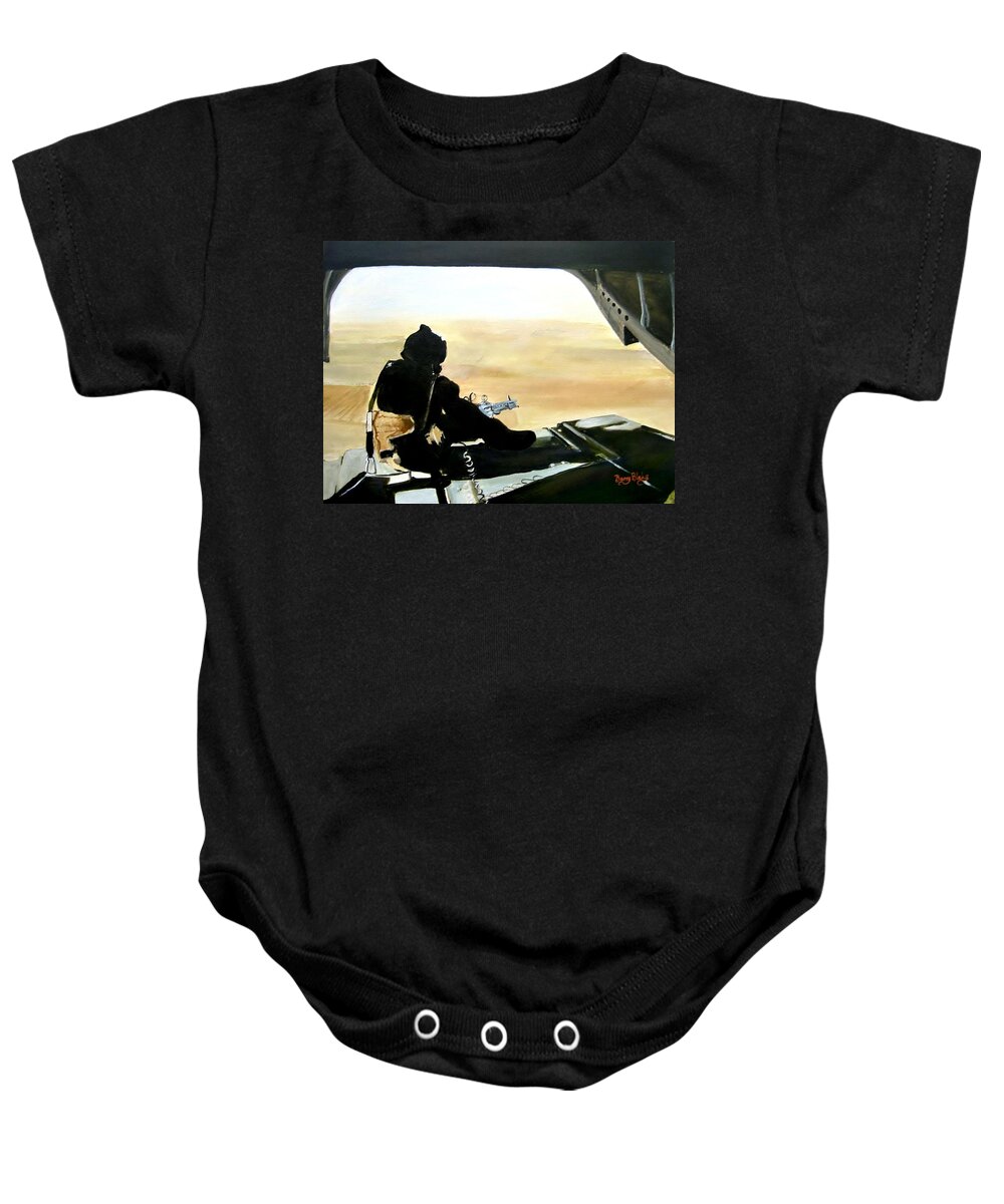 Afghanistan Baby Onesie featuring the painting Tail Gunner Helmland by Barry BLAKE